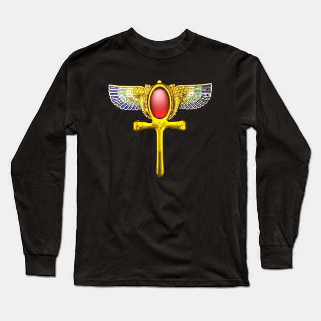 RED TALISMAN Gold Ankh with Wings and Cornucopia Egyptian Eternal Life Symbol Long Sleeve T-Shirt by BulganLumini